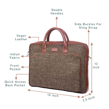 Zouk Laptop Bag for Women Ideal Jute & Vegan Leather Office Bags for Ladies