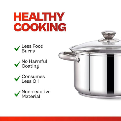 Praylady Stainless Steel with Glass Lid, Delight Series 3 Ply Base Stockpot Size 24 cm 4.9 Litre Silver