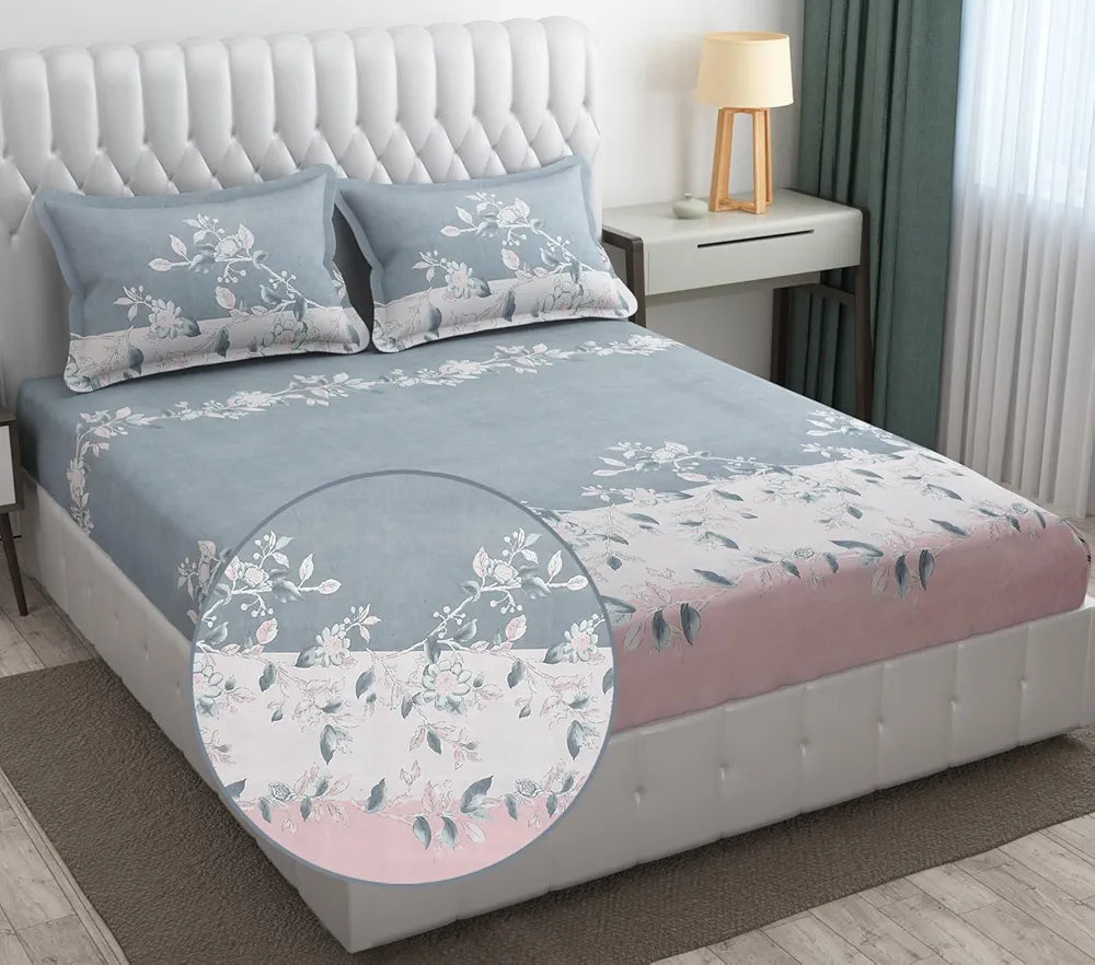 Fresh From Loom King Size Floral Print Microfiber Fitted Bedsheet Set 240 TC 2 Pillow Cover Grey Walnut