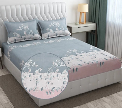 Fresh From Loom King Size Floral Print Microfiber Fitted Bedsheet Set 240 TC 2 Pillow Cover Grey Walnut