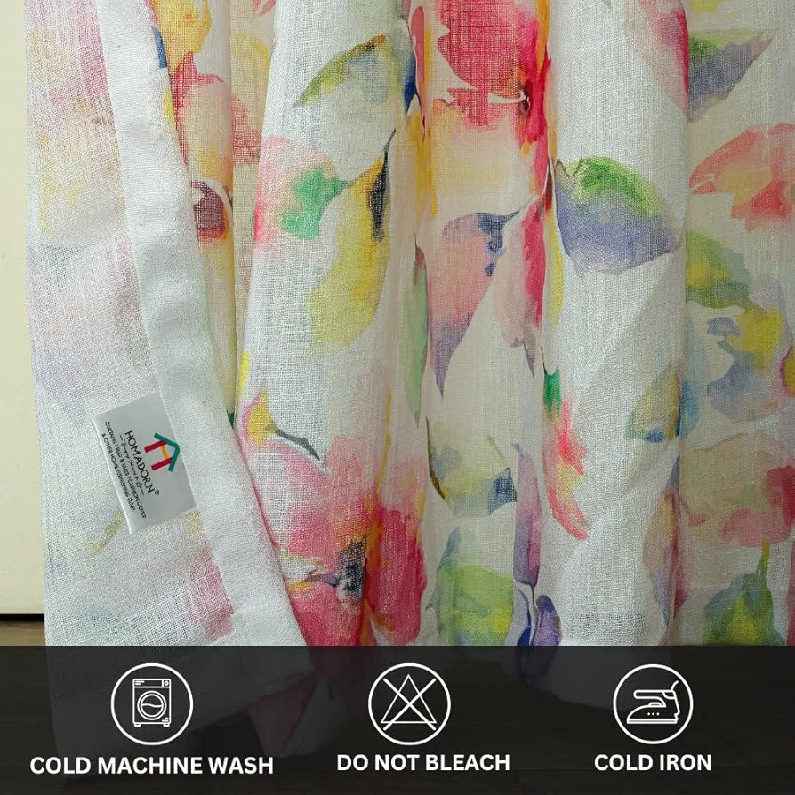 Homadorn Linen Sheer Printed Semi Transparent Curtains for Window Set of 2 Multi Watercolor