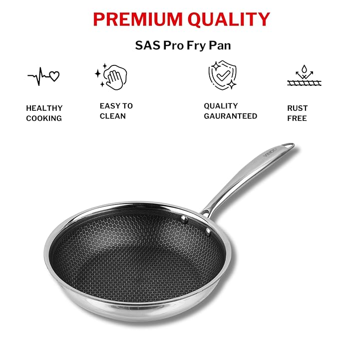 Vinod Platinum Triply Stainless Steel X Fry Pan 20 cm |Honeycomb Pattern Design Inside