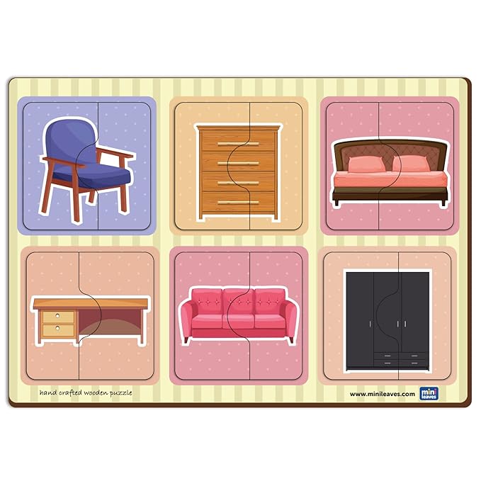 Mini Leaves 2 Piece Puzzle for Kids | Furniture Jigsaw Puzzle | Set of 6 Wooden Puzzles for Kids | Educational Toys for Kids