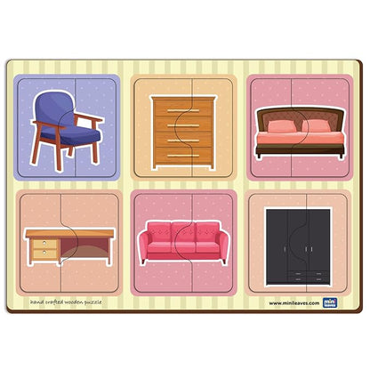 Mini Leaves 2 Piece Puzzle for Kids | Furniture Jigsaw Puzzle | Set of 6 Wooden Puzzles for Kids | Educational Toys for Kids