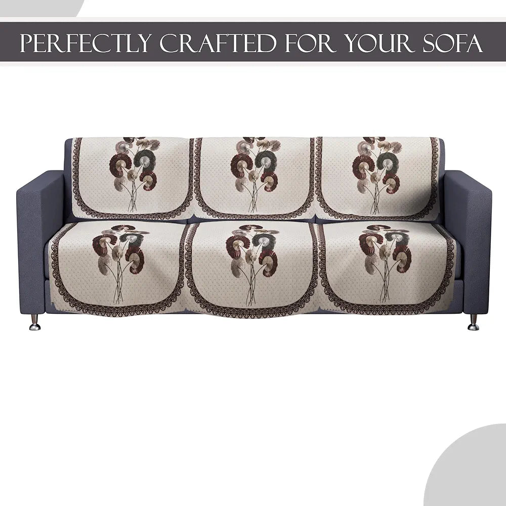 Kuber Industries Set of 10 Velvet Anti-Skid Sofa Cover 5-Seater Digital Flower-Cream & Brown