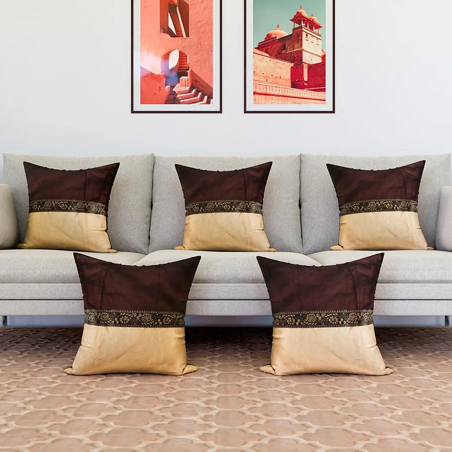 Kuber Industries Cushion Cover Pillow Covers Center Lace Cushion Covers Set of 5 Brown
