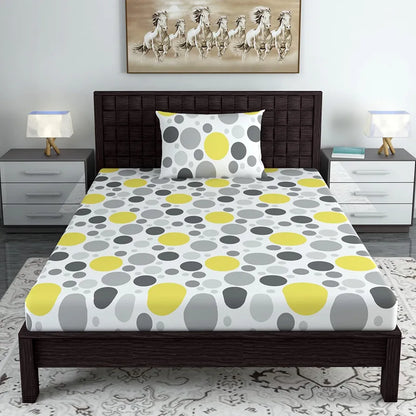 Divine Casa 144 TC 100% Cotton Single Bedsheet with 1 Pillow Cover Geometric Pattern Colour Grey & Yellow