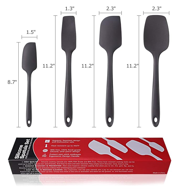 P-Plus International Professional Grade 4-Piece Silicone Spatula Set 315C Heat Black