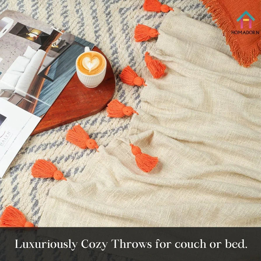 Homadorn 100% Cotton Off White Throw Blanket with Handmade Colorful Tassel Colour Orange