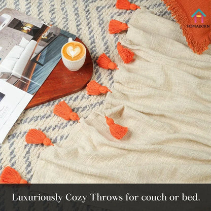 Homadorn 100% Cotton Off White Throw Blanket with Handmade Colorful Tassel Colour Orange
