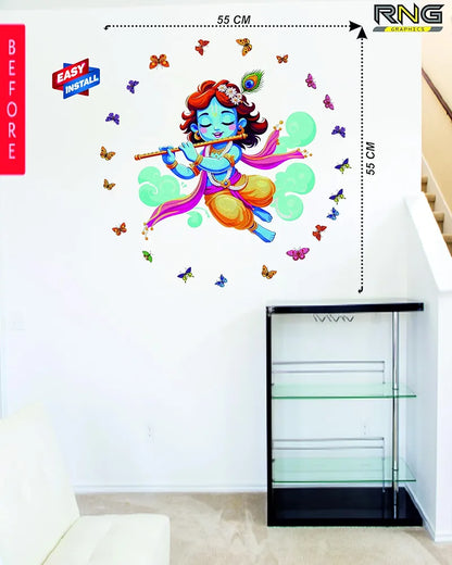 Rng Graphics Pvc Vinyl Little Krishna Wall Sticker With Butterflies Multicolor 55 Cm X 55cm DW-139L