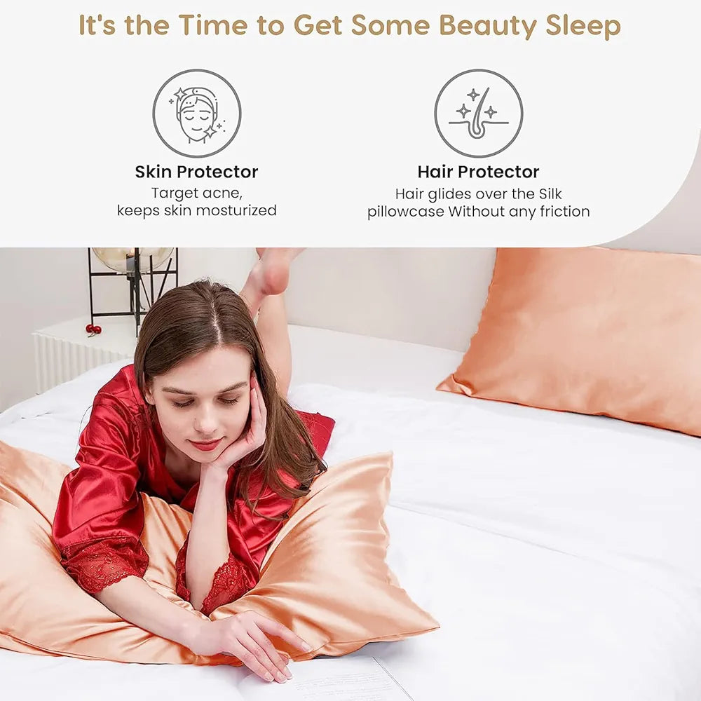 Cloth Fusion Satin Pillow Cover Set of 2 Pillow case with 3 Satin Soft Scrunchies Peach Colour