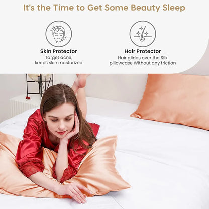 Cloth Fusion Satin Pillow Cover Set of 2 Pillow case with 3 Satin Soft Scrunchies Peach Colour