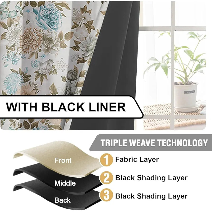 Cloth Fusion Blackout Printed Premium Window Curtains 5 Feet Long Set of 2 Blue Blooms