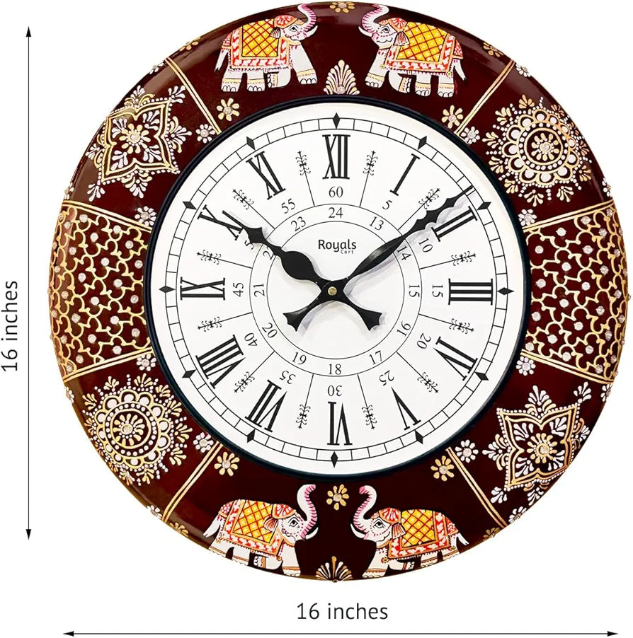 RoyalsCart Ethnic Handcrafted Decorative Analog Wall Clock with Rajasthani Elephant Painting Brown Wooden Clock [KTWC191D] Elephant Designer Painting