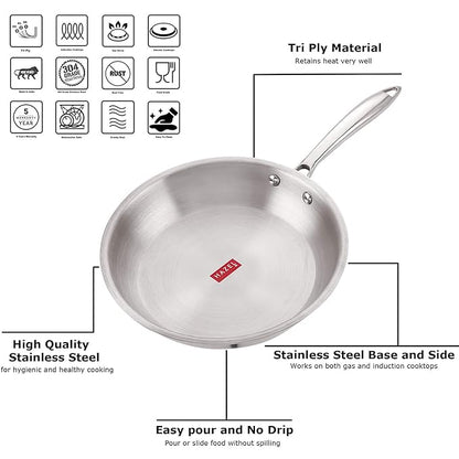 Hazel Triply Stainless Steel Frying Pan Induction Base Bottom Deep Fry Pan with Steel Lid 1.8 Litre 22 cm