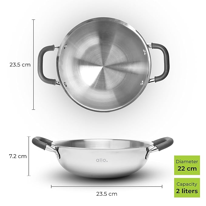 Allo Triply Stainless Steel Kadhai with Handles Perfect Kadhai for Curry 22cm 2 litres Without lid