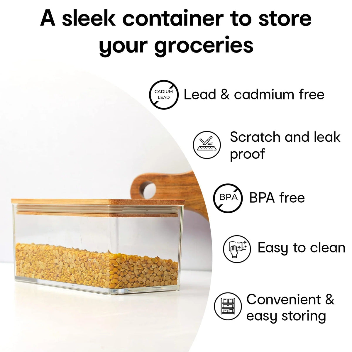 Anko 1 Litre Acrylic Airtight Food Storage Container with Bamboo Wood Lid | BPA-Free | Clear