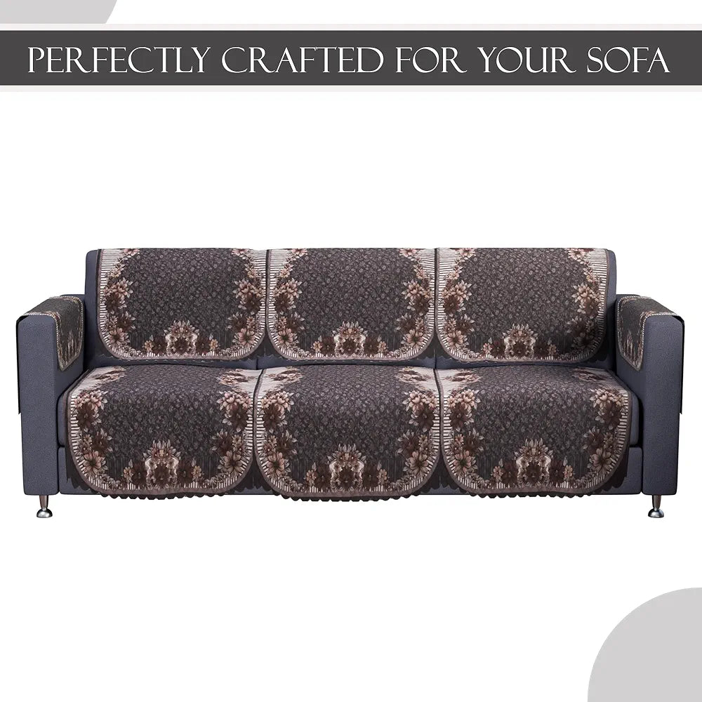 Kuber Industries Set of 16 Anti-Skid Sofa Cover 5-Seater with Arm Cover Floral Print Dark Olive Green