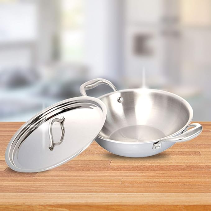 Fackelmann Triply Stainless Steel Kadai with Designer Lid 22 cm 2.0 litres Silver