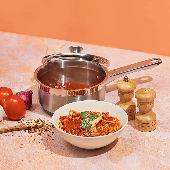 Vinod Two Tone Stainless Steel Saucepan with Glass Lid - 1.1 Litre, 14 cm | 6.2mm Thick | Triply Saucepot, Sturdy Riveted Handle