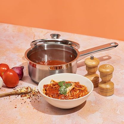 Vinod Two Tone Stainless Steel Saucepan with Glass Lid - 1.1 Litre, 14 cm | 6.2mm Thick | Triply Saucepot, Sturdy Riveted Handle