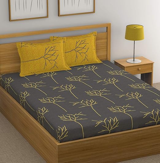 Huesland by Ahmedabad Cotton 144 TC Cotton King Size Bedsheet with 2 Pillow Covers - Grey and Yellow(9ft x 9ft)