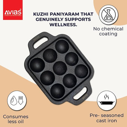 Avias Cast Iron Square Paniyaram Pan with Handle Loha Appe Maker Includes 9 Pits