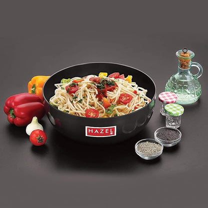 Hazel Hard Anodised Tasra 3 mm Deep Aluminium Anodized Frying Tasla Kadai (Black 23.3 cm 3200 ml)