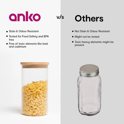 Anko 1L Borosilicate Ribbed Glass Jar | Airtight | Rubberwood Lid | Clear