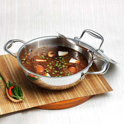 Vinod Platinum Triply Stainless Steel Extra Deep Kadhai With Lid 1.2 Litre | 18 Cm | 2.5mm Thick | Kadai for Cooking