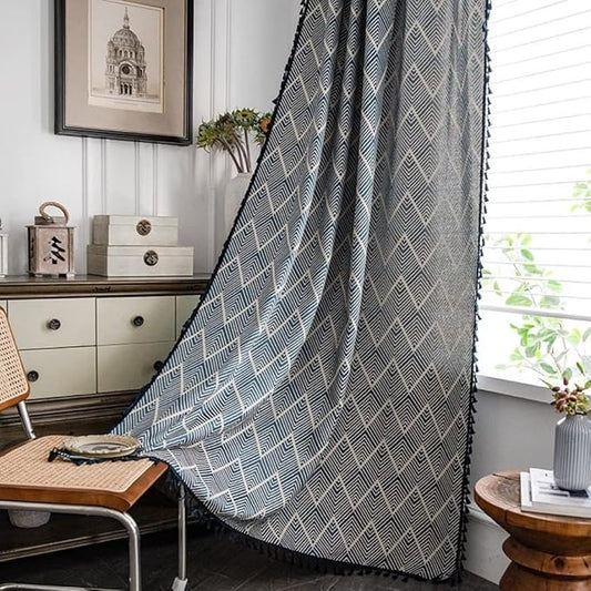 Huesland Cotton Curtains for Windows, 5 Feet Long 1 Bohemian Eyelet Curtain | Navy Wave