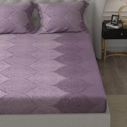 Cloth Fusion Glace Cotton Elastic 186tc Printed Fitted Bedsheet for Double Bed King Size with 2 Pillow Covers Ogee Lavender
