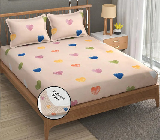 Fresh From Loom Floral Print 240 TC King Size Fitted Bedsheet Set 2 Pillow Covers Heart-Brown