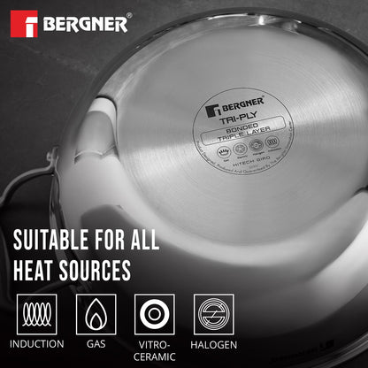 Bergner Hitech Triply Stainless Steel 26 Cm Kadai | Indian Wok With and Glass Lid