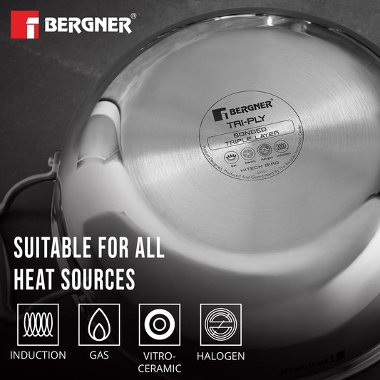 Bergner Hitech Triply Stainless Steel 26 Cm Kadai | Indian Wok With and Glass Lid