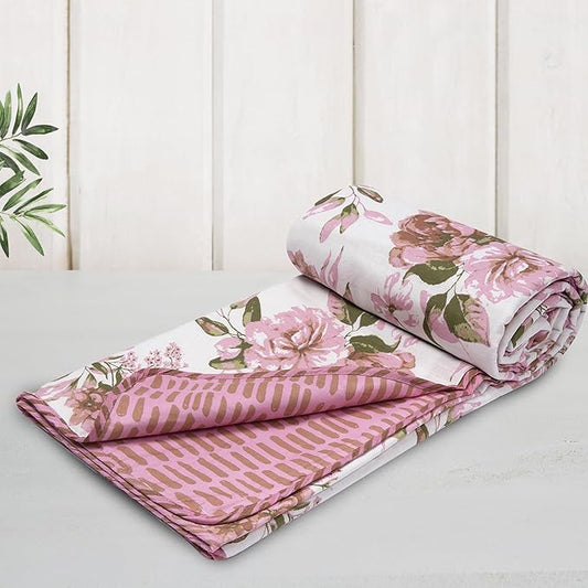 Huesland 100% Cotton Reversible Dohar Single Bed Cotton | Soft Cambric Weave, All Weather Light Ac Blanket | White, Pink & Green