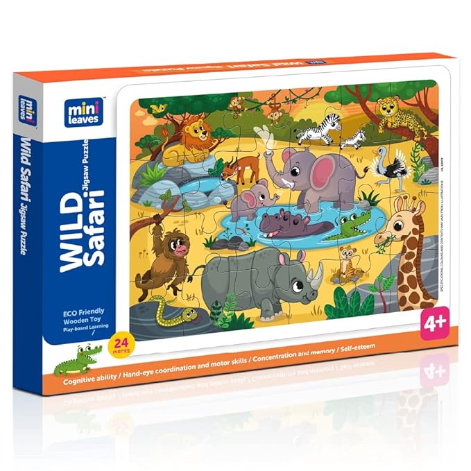 Mini Leaves 24 Piece Wooden Puzzle for Kids | Wild Safari Animals Jigsaw Puzzle | Educational Toys for Kids With Wooden Tray