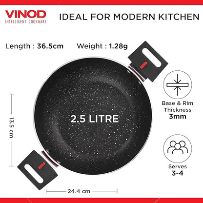 Vinod Popular Aluminium Non Stick Kadai With Detachable, Removeable Handles - 2.5 Litres | 24 Cm | 3 Mm Thick | Kadhai With Glass Lid