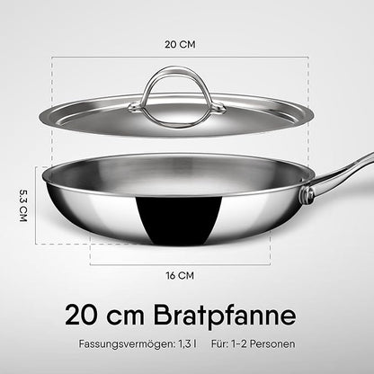 Stahl Artisan Triply Stainless Steel Fry Pan With Lid | Induction & Gas Stove Compatible Frying Pan | 1.1 L | 20 Cm