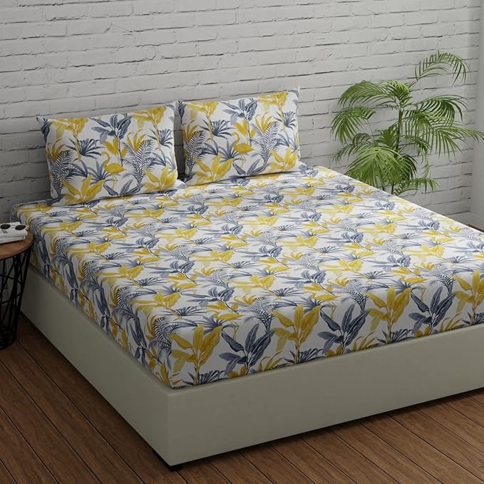 Huesland by Ahmedabad Cotton 144 TC King Size Bedsheet Cotton with 2 Pillow Covers | Flamingos Yellow