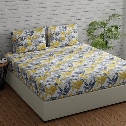 Huesland by Ahmedabad Cotton 144 TC King Size Bedsheet Cotton with 2 Pillow Covers | Flamingos Yellow