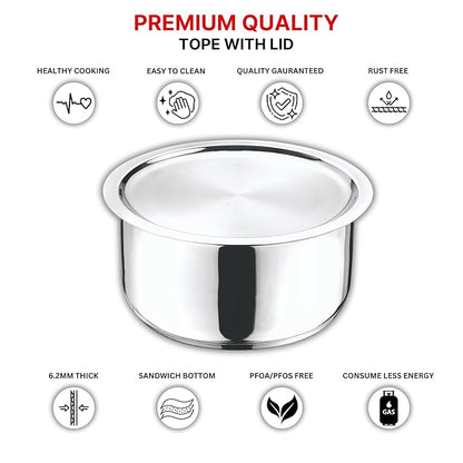 Vinod Stainless Steel 304 Grade Tope | Patila | Topiya With Lid - Diameter 20 Cm | Capacity 3 Litres