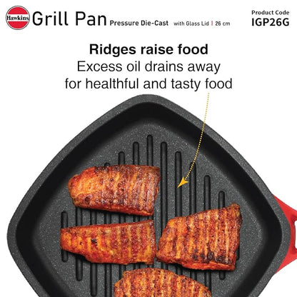 Hawkins 26 cm Grill Pan Non Stick Die Cast Grilling Pan with Glass Lid Square Grill Pan