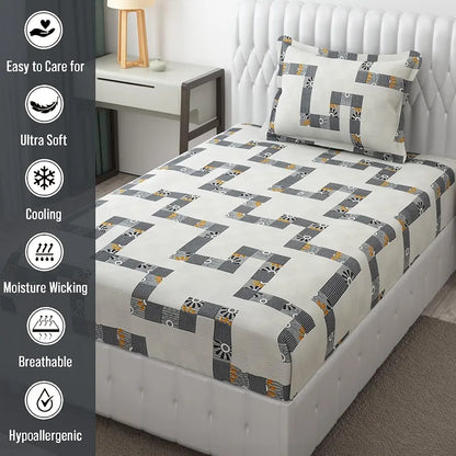 Fresh From Loom Microfiber Bedsheet for Single Single Size Bed Floral Design Bed Spread with 1 Pillow Covers 144 TC White Grey