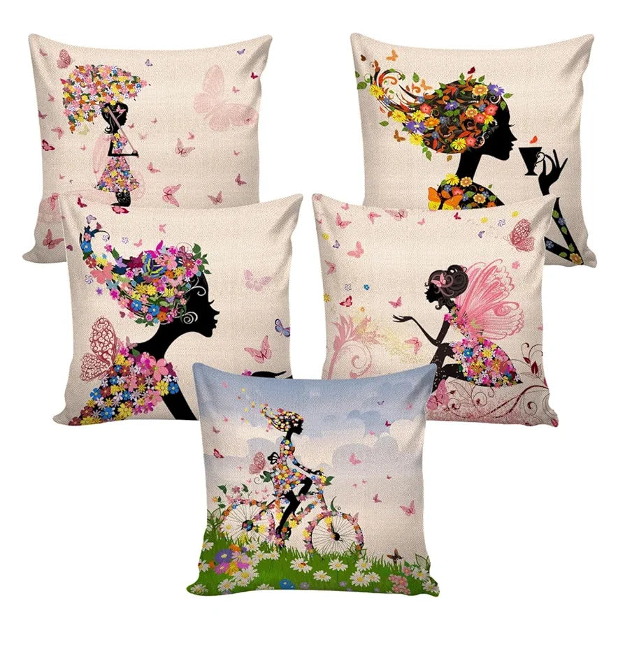 Aerohaven Trendy Designer Girl with Butterfly Hair Print Pillow Covers Pack of 5