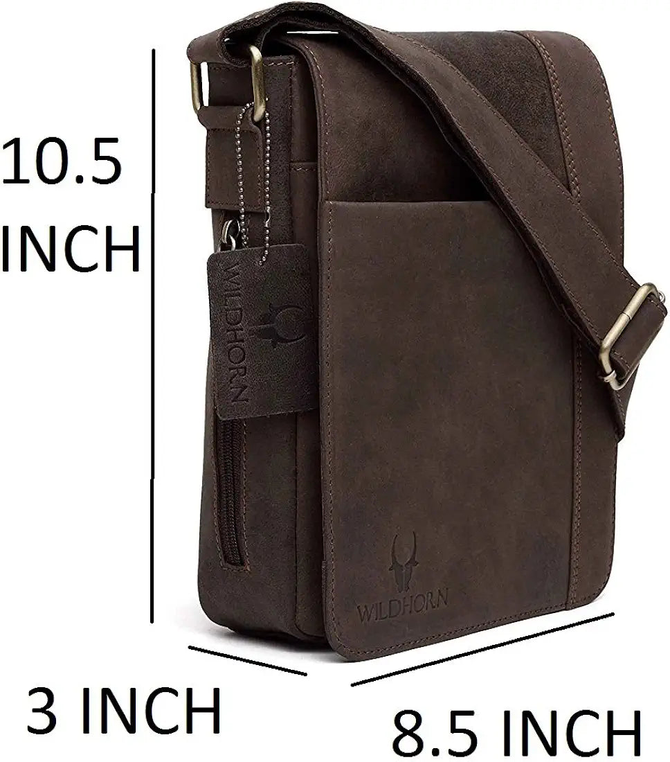 WildHorn Leather Sling Messenger Bag for Men I Multipurpose Crossbody Bag I Travel Bag with Adjustable Strap I IDIMENSION: L- 8 inch H- 10.5 inch W- 2.75 inch