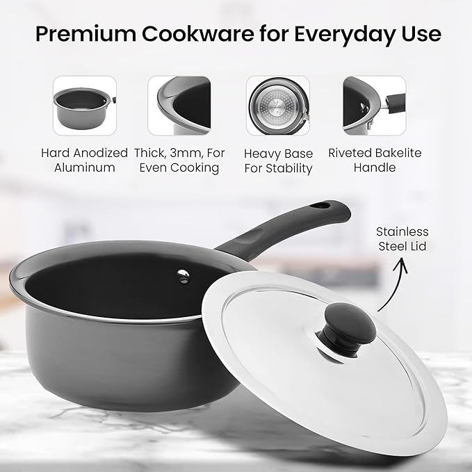 Savya Home Hard Anodized Aluminum Sauce Pan with Stainless Steel Lid Set 2.3 L