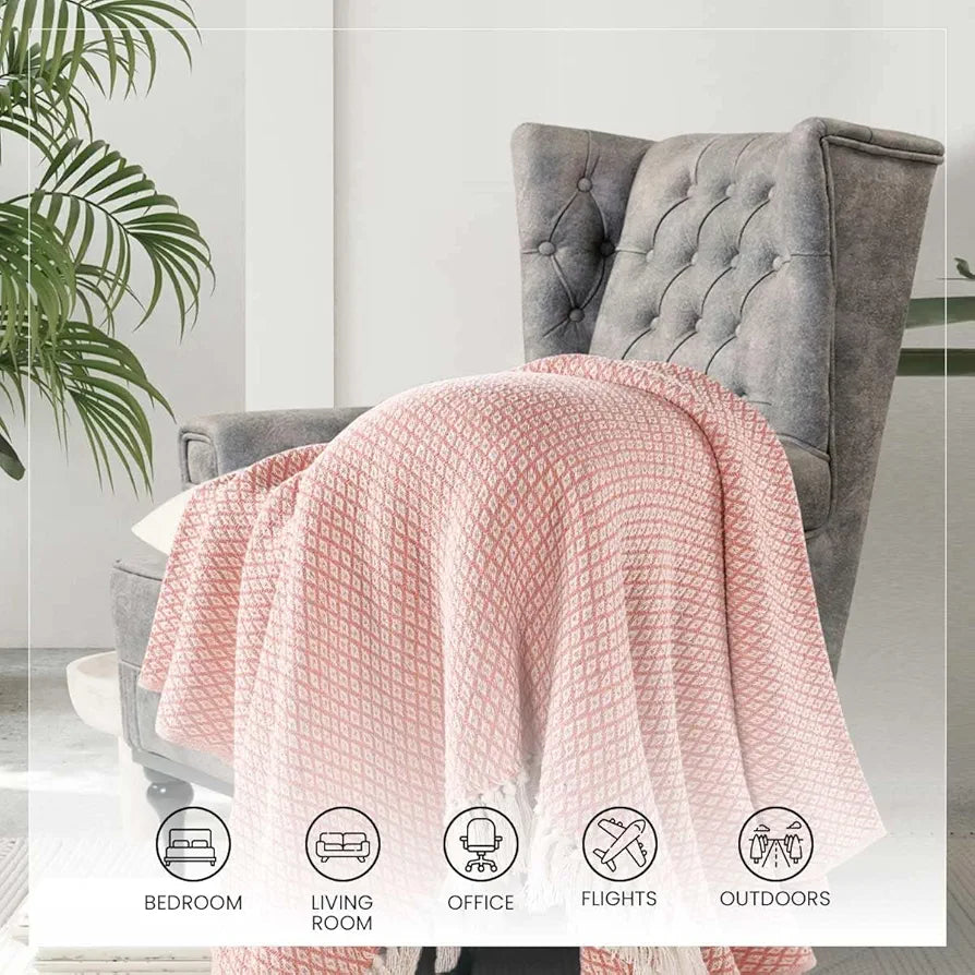 Sashaa World Cotton Soft Throw Blanket Colour Peach/White