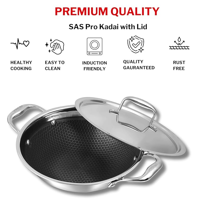 Vinod Sas Pro Platinum Stainless Steel Non Stick Extra Deep Kadai With Lid- 3.3 Litre, 24cm | Hexa Design Triply Kadhai